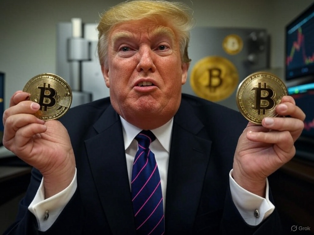 American President Donald Trump holding Bitcoin coins in both hands